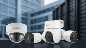 A professional collection of CCTV surveillance cameras, including a Hikvision camera dome and various ip cameras, showcased as the best 10 CCTV Cameras for business protection