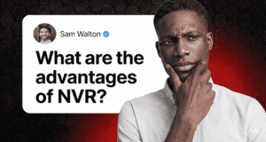 A thoughtful professional man looking at a text bubble that asks "What are the Advantages of NVR?", highlighting the importance of NVR technology in modern home security and cameras security
