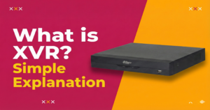 A sleek black XVR (Extended Video Recorder) hardware unit by Dahua, displayed on a vibrant red and yellow background to explain the Dahua XVR technology