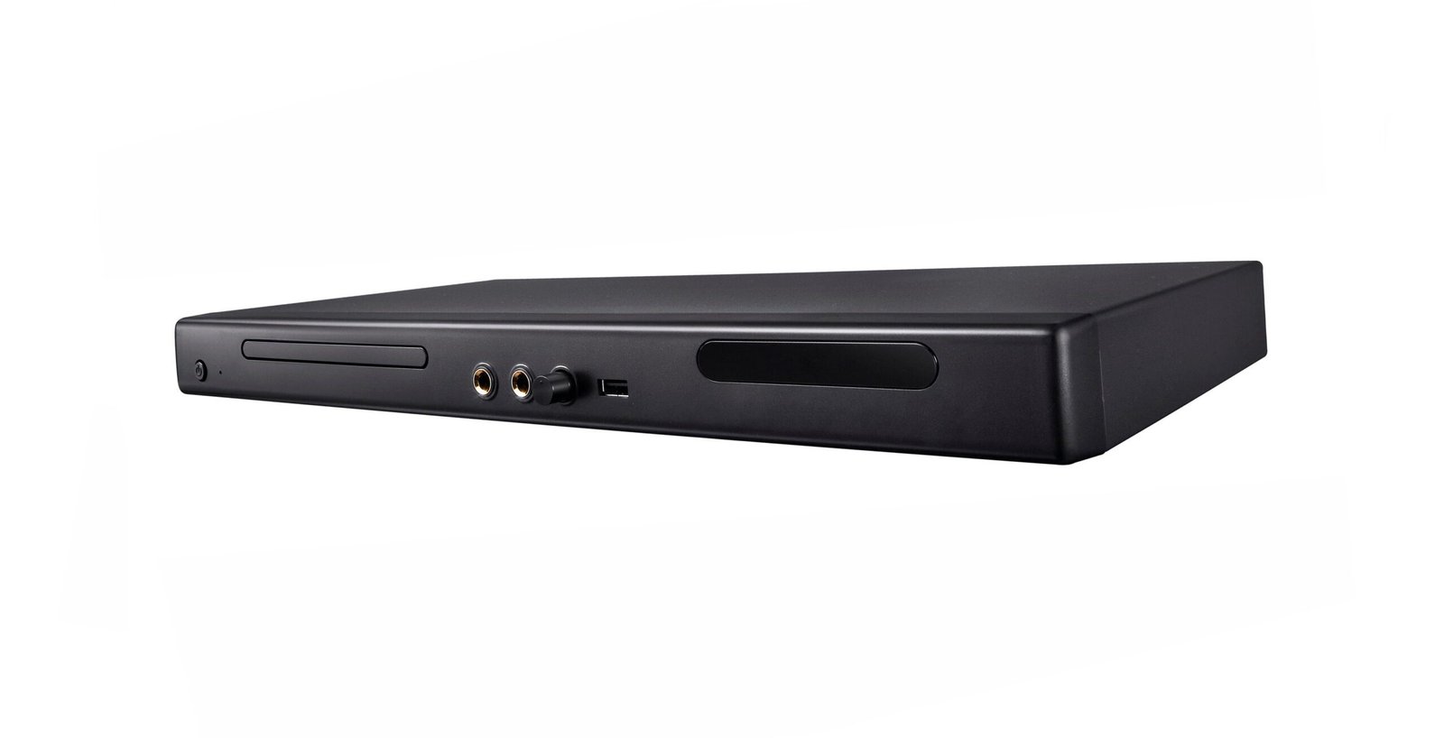 A side-angle view of a slim, black Digital Video Recorder (DVR) unit with front-facing USB and audio ports, serving as the hub for CCTV equipment