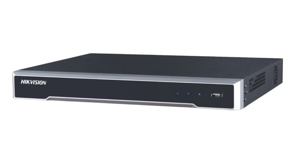A sleek, black and silver Hikvision brand Network Video Recorder (NVR) featuring status LED indicators and a front-facing USB port, designed for centralized IP camera surveillance storage