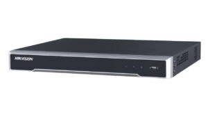 A sleek, black and silver Hikvision brand Network Video Recorder (NVR) featuring status LED indicators and a front-facing USB port, designed for centralized IP camera surveillance storage