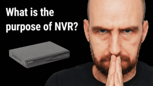 An educational graphic featuring a contemplative man next to a Hikvision unit with the text "What is the Purpose of NVR?", illustrating a professional network video recorder system for NVR CCTV.