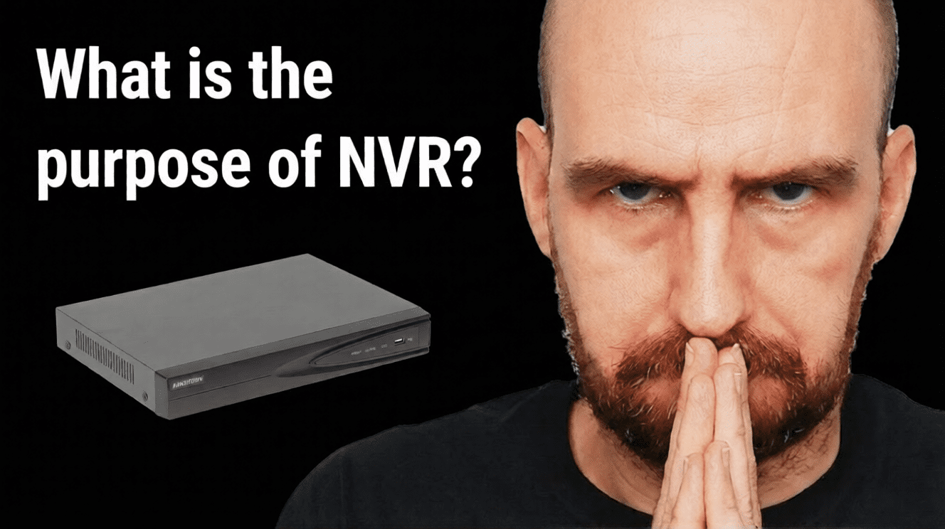An educational graphic featuring a contemplative man next to a Hikvision unit with the text "What is the Purpose of NVR?", illustrating a professional network video recorder system for NVR CCTV.