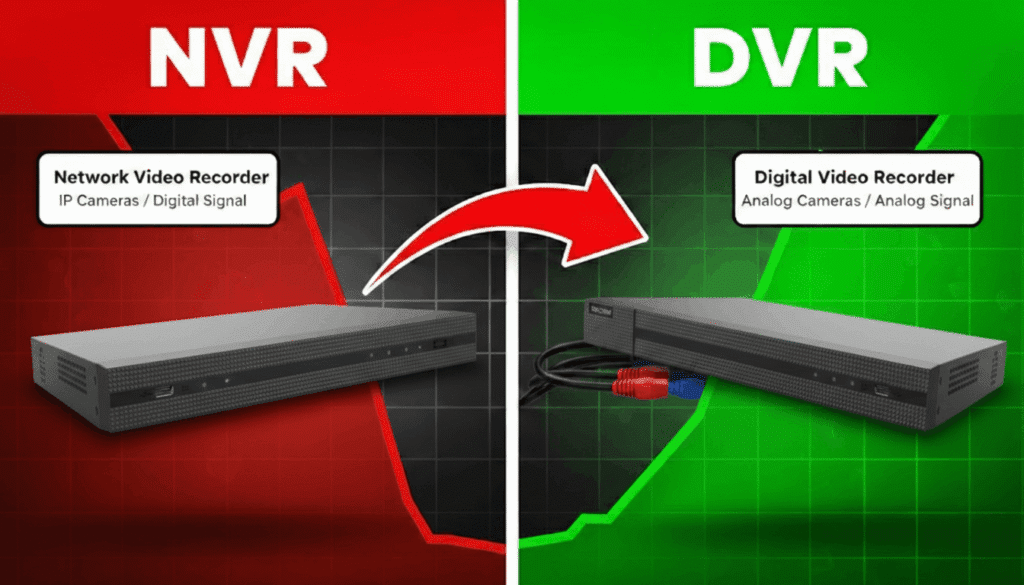 DVR or NVR comparison showing network video recorder with IP cameras versus digital video recorder with analog cameras