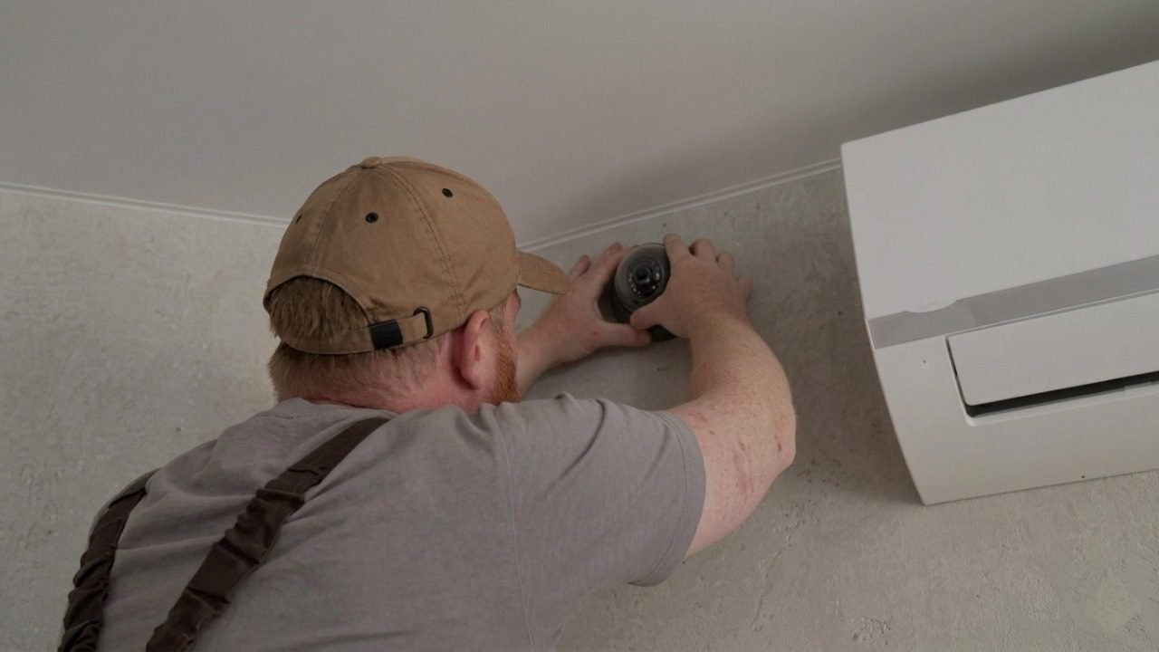 A technician with a tan cap mounts a dark dome security camera on an indoor wall near the ceiling, illustrating the professional labor that determines overall CCTV installation costs in Pakistan for reliable cctv security camera installation.